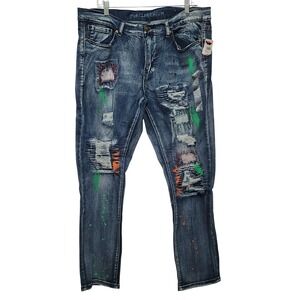 Distressed Men's Paint Splatter Edgy Streetwear Jeans Artcore Grunge 34-32 Y2K